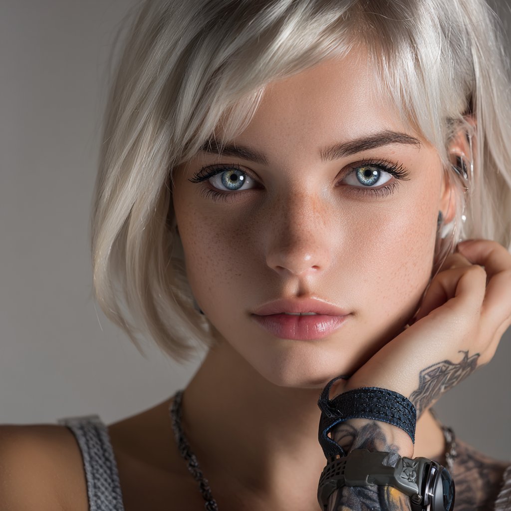 Kindroid AI Girlfriend — a custom-authored AI character with platinum hair, blue eyes and a quiet, attentive expression